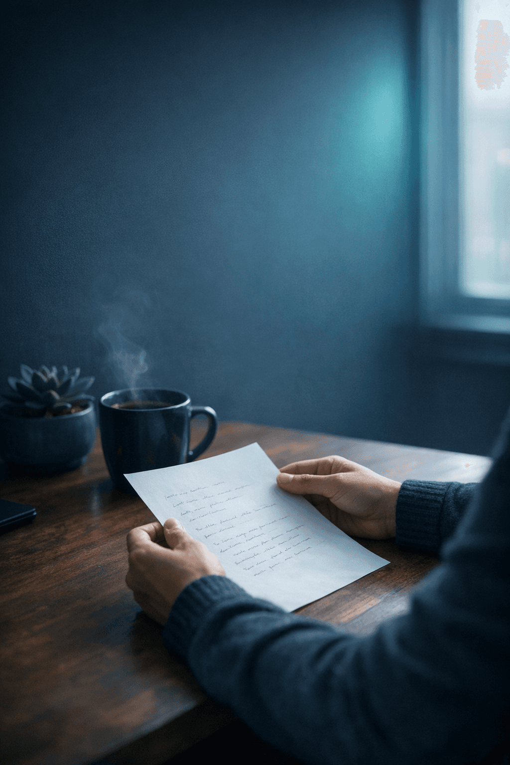 A parent's hands resting on handwritten notes at a desk with morning light, soft turquoise tones, representing clarity and preparation in special needs advocacy.