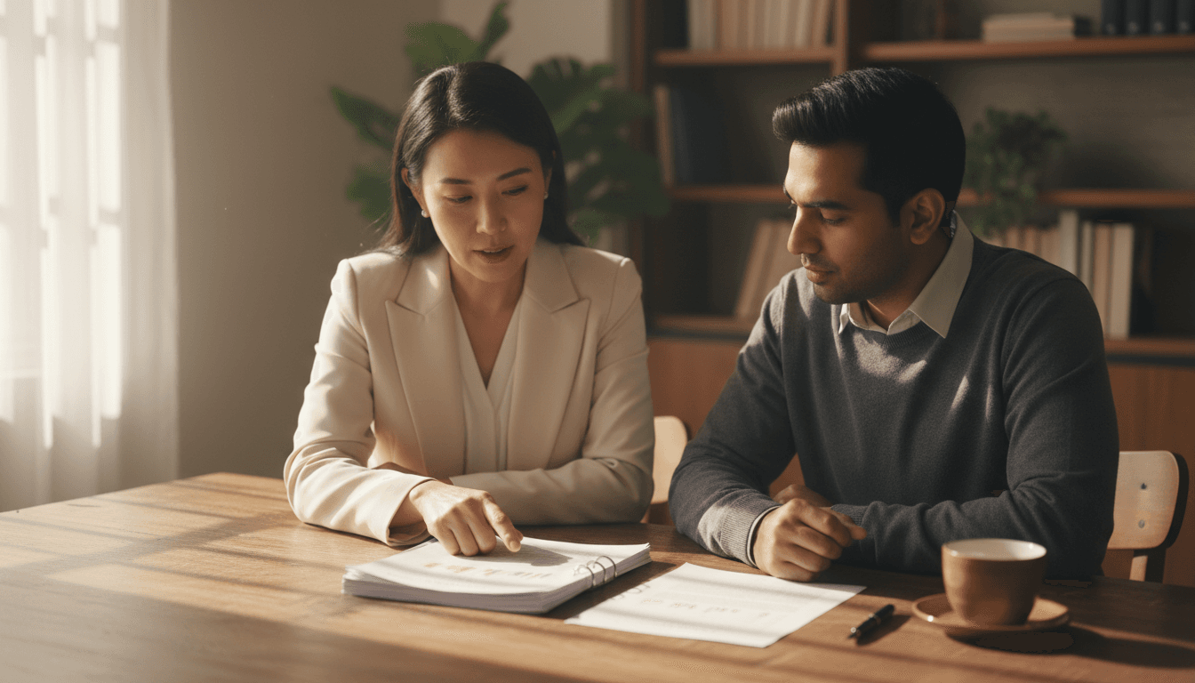 Two people reviewing important documents together at a table with natural light
