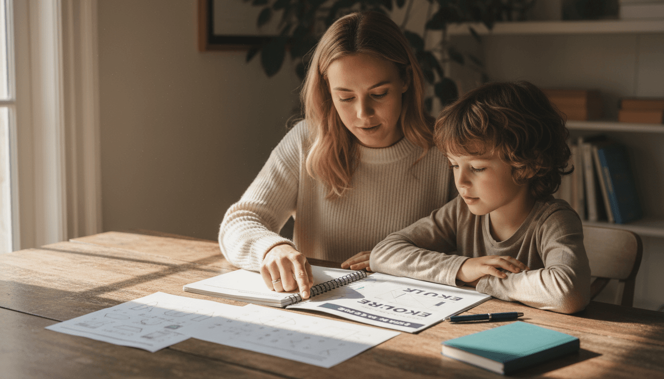 Parent and child reviewing educational materials together at home