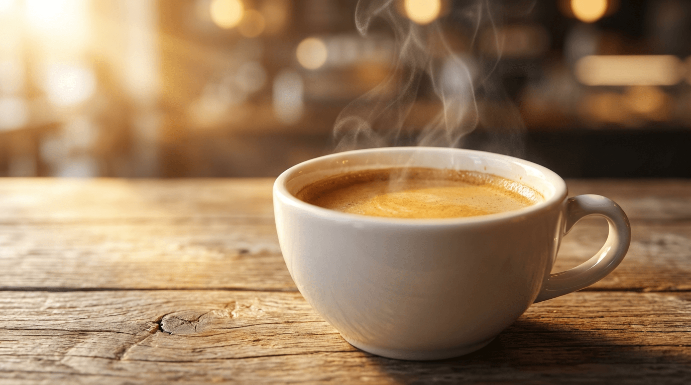 Close-up of fresh espresso with rising steam, warm sunlight on ceramic cup, wooden café table.