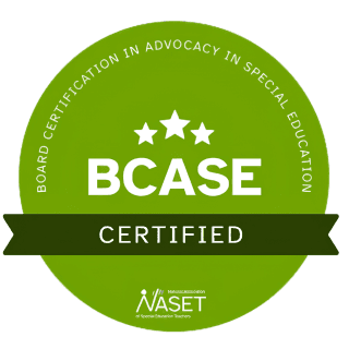 Green BCASE Board Certification in Advocacy in Special Education seal with stars and NASET logo.